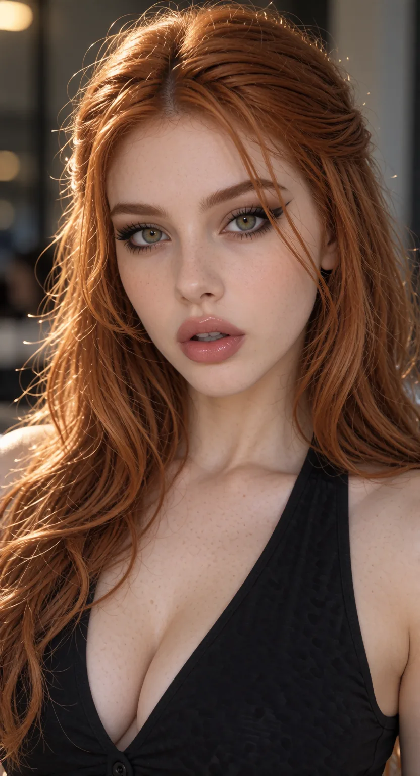 Adult red-haired woman in a black outfit